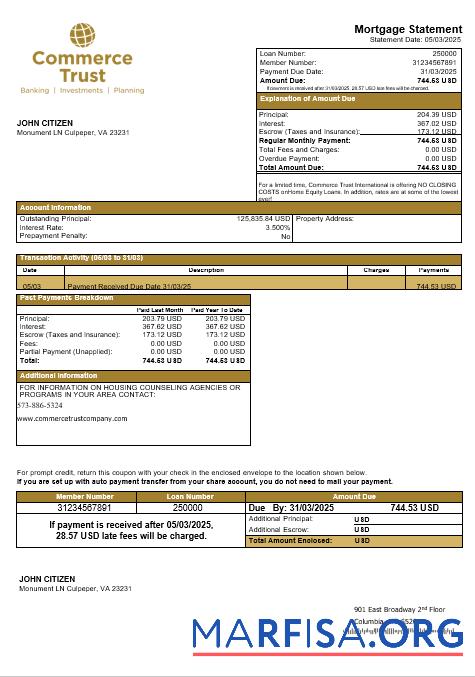Realistic USA Commerce Trust Bank mortgage statement in Word and PDF formats example